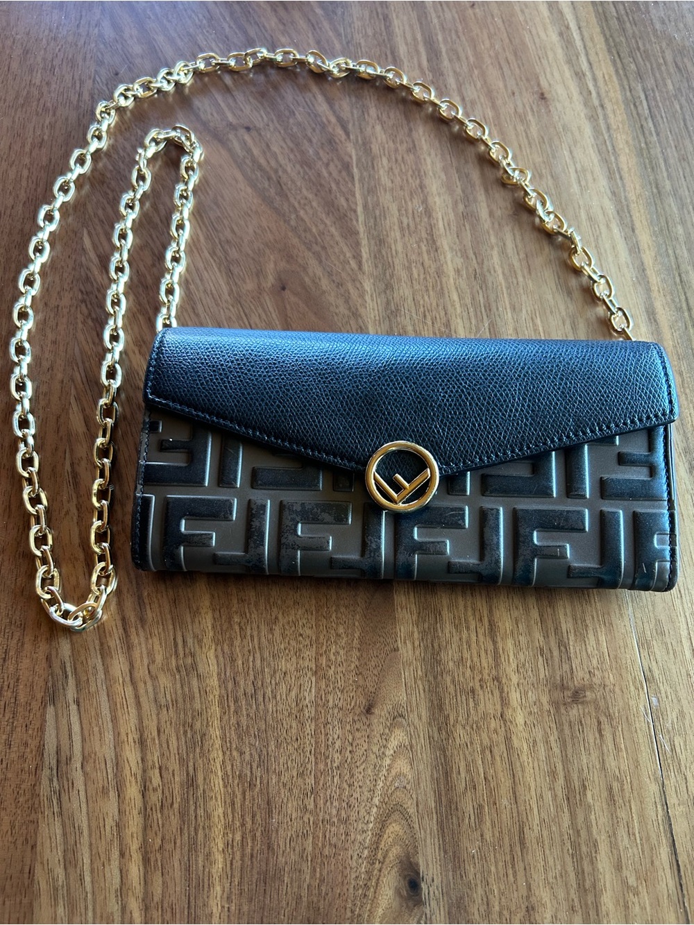 Fendi Black Embossed FF Leather Chain Clutch with Gold Hardware